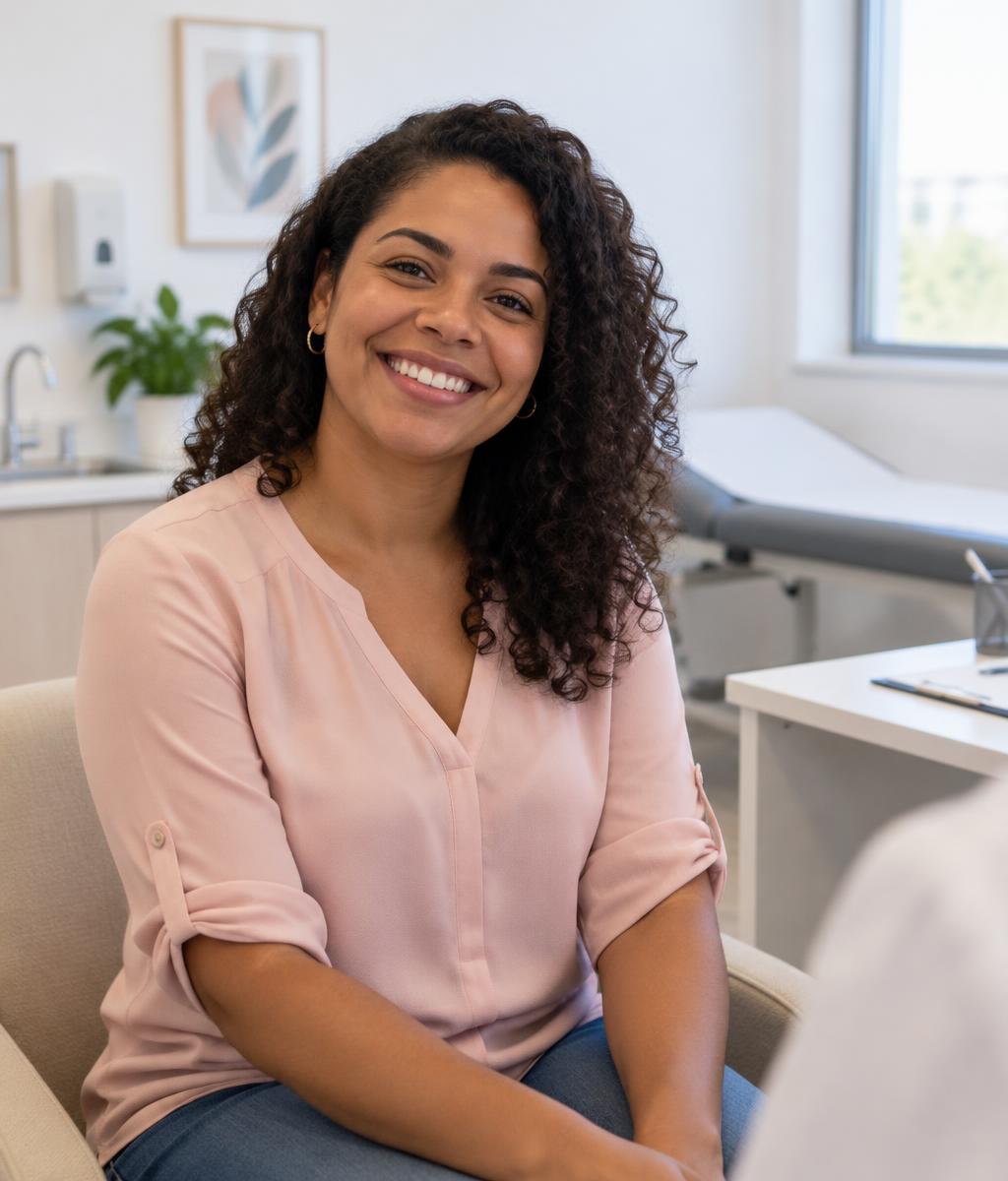 Paciente sorrindo em consulta na Recife Saúde